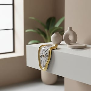 Puede incluir: Un reloj dorado que se derrite con una esfera blanca y números romanos negros, apoyado sobre una superficie blanca. El diseño del reloj es surrealista, con una apariencia distorsionada y fluida. Jarrones decorativos y una planta en el fondo.