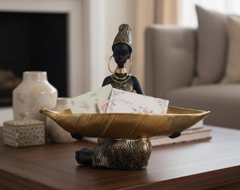 African Girl Sculpture with Leaf Tray, Black Gold Resin Storage Ornament