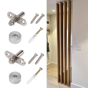 May include: A collection of hardware components, including silver-toned door stoppers, screws, and cylindrical metal pieces. The image also shows a wooden room divider with vertical wooden slats.