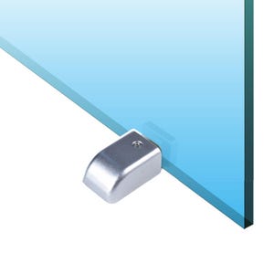 May include: A silver-colored metal bracket attached to a pane of blue glass. The bracket has a rounded shape and a small screw head visible on its surface. The glass is a light, transparent blue.