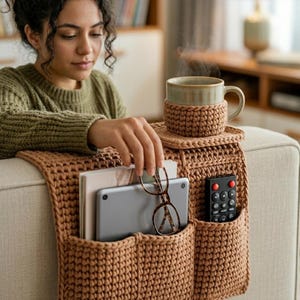May include: A brown crocheted sofa armrest organiser featuring multiple pockets for storage. The organiser includes a built-in coaster for a mug, and holds a tablet, a book, and a remote control. The textured fabric is draped over the arm of a sofa.