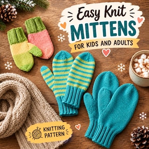 May include: Three pairs of knitted mittens in solid teal, teal and lime green stripes, and lime green and pink color-blocked designs. The image includes text that reads Easy Knit MITTENS FOR KIDS AND ADULTS and KNITTING PATTERN.
