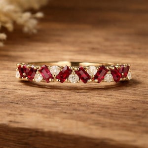 18k Ruby Wedding Band, Women full Eternity Wedding Band, Ruby Stacking Band, Anniversary Ring, Birthday Gift Ring,Thin Ring