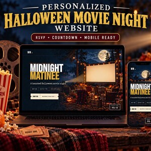 May include: A laptop and smartphone displaying a personalized Halloween movie night website titled Midnight Matinee. The screen shows a haunted outdoor cinema scene with a full moon, pumpkins, and a projector screen. Text includes RSVP, Countdown, and Mobile Ready.