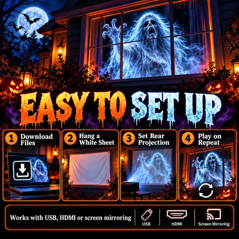 Halloween Window Projection Animated Video Loops, Spooky Scenes, 25 ...