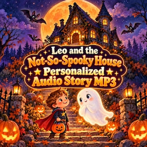 Può includere: Un'illustrazione digitale che mostra un bambino con un mantello da supereroe che tiene un secchiello a forma di zucca accanto a un piccolo fantasma. Il testo recita Leo and the Not-So-Spooky House Personalized Audio Story MP3.
