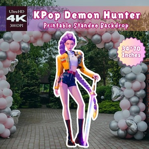 Painel de fundo imprimível de Rumi, a Caçadora de Demônios de Kpop | Recorte em tamanho real Huntrix 34x70 | Decoração de festa digital em PNG e PDF