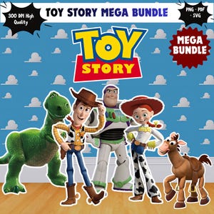 May include: A digital graphic featuring characters from the Toy Story movie franchise. The image includes Woody, Buzz Lightyear, Jessie, Rex, and Bullseye, with the words "Toy Story Mega Bundle" and "Mega Bundle" displayed. The background is a light blue with white clouds.