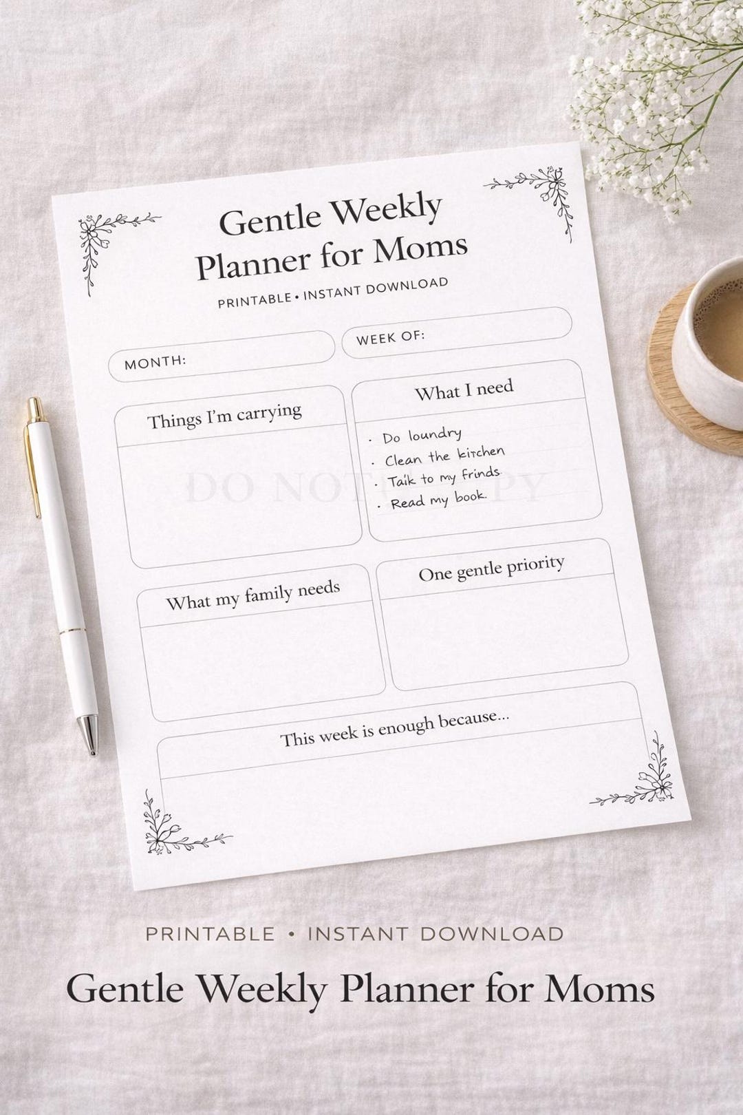 Gentle Weekly Planner for Moms Printable | Minimalist Self Care Planner ...
