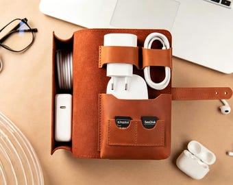 Personalized Leather Charger Case, Genuine Leather Cable Organizer, Travel Electronics Holder, Custom Charger Pouch, Portable Cable Storage