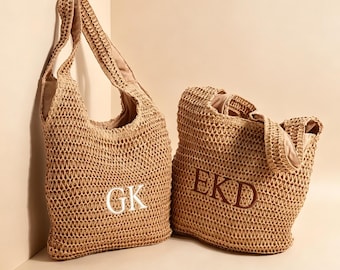 Personalized Embroidered Initial Raffia Tote Custom Monogram Straw Bag Reusable Beach Travel Bag Bridal Party Favor Mother's Day Gift