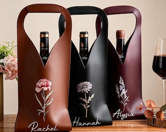 Personalized Birth Flower Leather Wine Tote Bag with Custom Name Handle, Elegant Protective Wine Bag, Perfect Birthday Gift for Wine Lovers