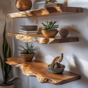Könnte beinhalten: Drei schwebende Holzregale mit naturbelassenen Kanten sind an einer Wand befestigt. Die Regale bestehen aus Naturholz und beherbergen dekorative Gegenstände wie Pflanzen in Holzschalen, Bücher und eine Vase. Die Regale haben eine rustikale, organische Ästhetik.
