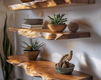 Live Edge Teak Wall Shelf, Handcrafted Solid Wood Floating Shelf, Organic Rustic Wall Decor, Natural Wood Shelf
