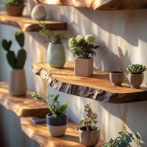 Peut inclure: Une série d'étagères murales fabriquées à partir de planches de bois naturel avec des bords bruts. Les étagères sont disposées en quinconce et supportent diverses petites plantes en pot, dont des cactus et des succulentes, ainsi que des pierres.