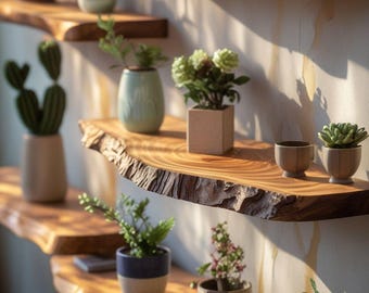 Pode incluir: Uma série de prateleiras de parede feitas de placas de madeira natural com bordas brutas. As prateleiras estão dispostas num padrão escalonado e contêm várias plantas pequenas em vasos, incluindo catos e suculentas, além de pedras decorativas.