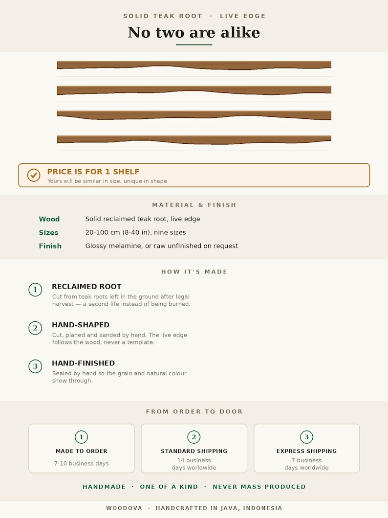 Pode incluir: Uma prateleira de raiz de teca maci&ccedil;a com borda natural. O texto diz: SOLID TEAK ROOT, LIVE EDGE, No two are alike, MATERIAL & FINISH, Wood, Solid reclaimed teak root, live edge, Sizes, 20-100 cm, nove tamanhos, Finish, Glossy melamine.