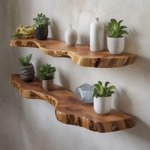 Prateleira de parede em teca com borda natural, prateleira flutuante artesanal em madeira maciça, decoração de parede rústica e orgânica, prateleira de madeira natural. imagem 10