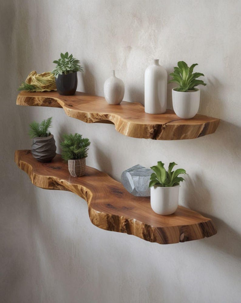 Prateleira de parede em teca com borda natural, prateleira flutuante artesanal em madeira maciça, decoração de parede rústica e orgânica, prateleira de madeira natural. imagem 10