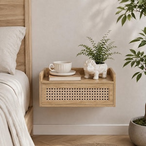 May include: A light wood floating nightstand with a single drawer featuring a woven cane front panel. On top sits a white ceramic cup on a saucer, a closed book, and a white ceramic dinosaur-shaped planter containing a green leafy plant.