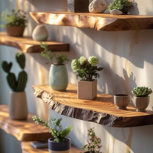 Pode incluir: Uma s&eacute;rie de prateleiras de parede feitas de placas de madeira natural com bordas brutas. As prateleiras est&atilde;o dispostas num padr&atilde;o escalonado e cont&ecirc;m v&aacute;rias plantas pequenas em vasos, incluindo catos e suculentas, al&eacute;m de pedras decorativas.