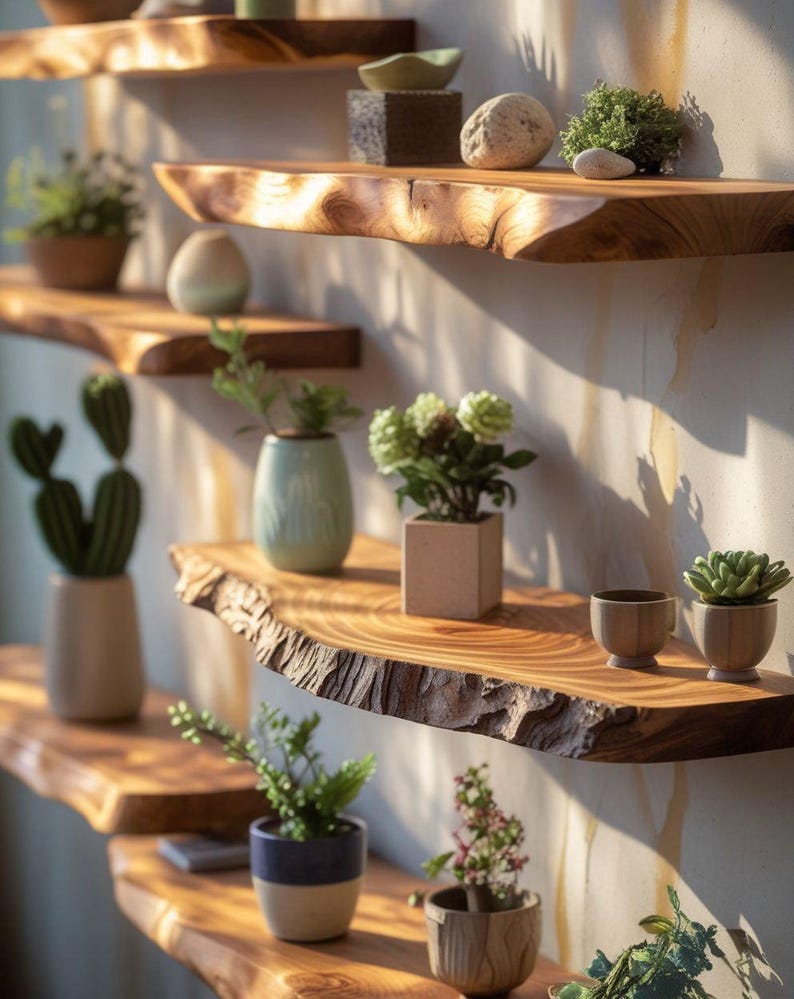 Pode incluir: Uma s&eacute;rie de prateleiras de parede feitas de placas de madeira natural com bordas brutas. As prateleiras est&atilde;o dispostas num padr&atilde;o escalonado e cont&ecirc;m v&aacute;rias plantas pequenas em vasos, incluindo catos e suculentas, al&eacute;m de pedras decorativas.