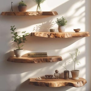 Pode incluir: Quatro prateleiras de parede feitas de madeira natural com bordas irregulares. As prateleiras est&atilde;o dispostas em um padr&atilde;o escalonado e cont&ecirc;m v&aacute;rias plantas em vasos, pequenos objetos decorativos e dois livros empilhados.