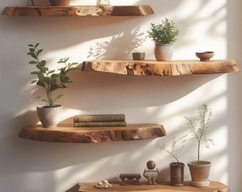 Prateleira de parede em teca para sala de estar, prateleira flutuante de madeira com borda natural, decoração natural para casa.