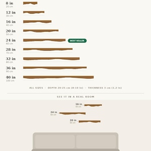 Pode incluir: Um guia de tamanhos de prateleiras intitulado Find your fit, mostrando prateleiras de madeira castanha de 20 cm a 100 cm de comprimento. Inclui uma profundidade de 20-25 cm, uma espessura de 3 cm e uma compara&ccedil;&atilde;o visual sobre um sof&aacute;.