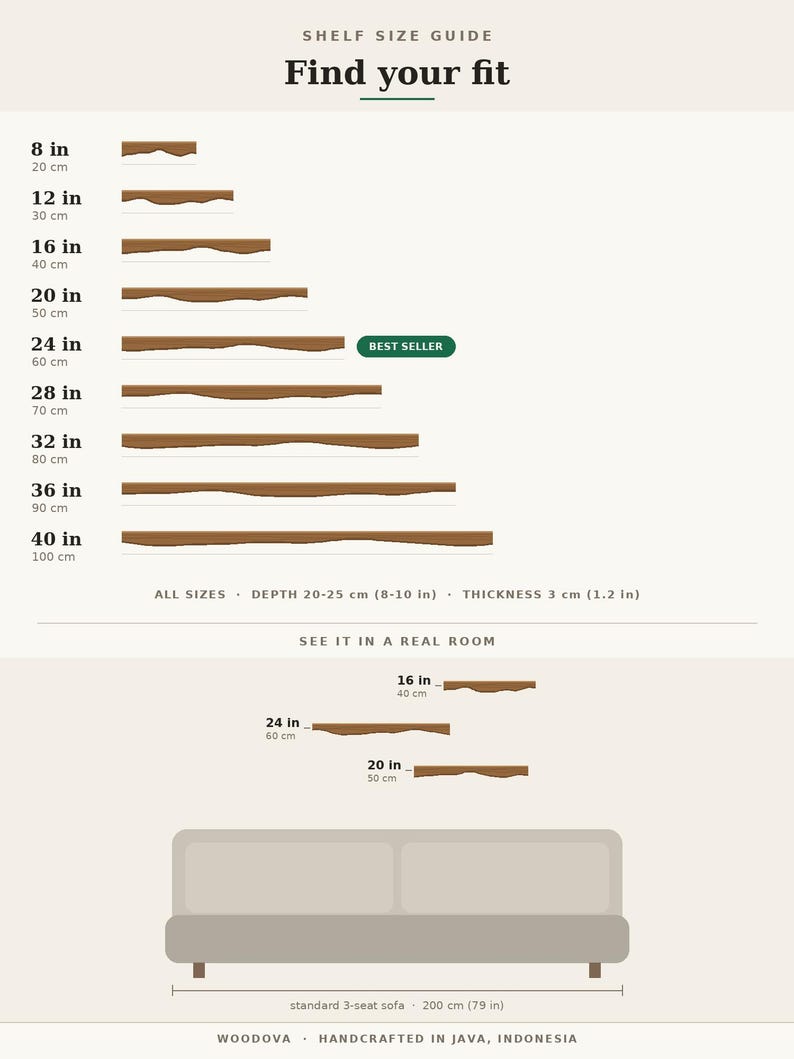 Pode incluir: Um guia de tamanhos de prateleiras intitulado Find your fit, mostrando prateleiras de madeira castanha de 20 cm a 100 cm de comprimento. Inclui uma profundidade de 20-25 cm, uma espessura de 3 cm e uma compara&ccedil;&atilde;o visual sobre um sof&aacute;.