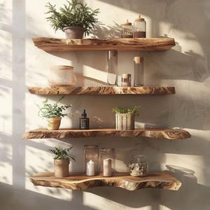 Könnte beinhalten: Vier schwebende Holzregale mit naturbelassenen Kanten sind an einer hellen Wand befestigt. Die Regale zeigen verschiedene dekorative Gegenstände, darunter Topfpflanzen, Gläser, Kerzen und einen geflochtenen Korb. Die Regale bestehen aus Naturholz mit einem warmen, braunen Farbton.