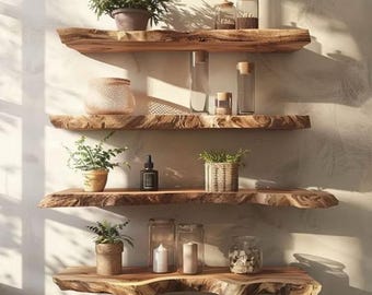 Pode incluir: Quatro prateleiras horizontais montadas na parede feitas de madeira natural com bordas irregulares. As prateleiras contêm vários itens, incluindo plantas verdes em vasos, potes de vidro transparente com tampas de cortiça e velas brancas.