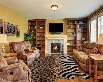 Luxury Animal Print Rug, Split Zebra and Leopard Pattern Area Rug, Faux Hide Tufted Carpet, Modern Aesthetic Rug For Living Room, Custom Rug