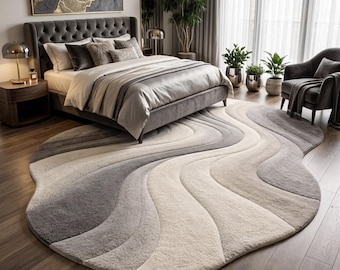Abstract Wavy Irregular Shape Wool Rug - Modern 3D Tufted Gray & Cream Area Carpet - Luxury Neutral Wave Rug for Living Room, Aesthetic rug