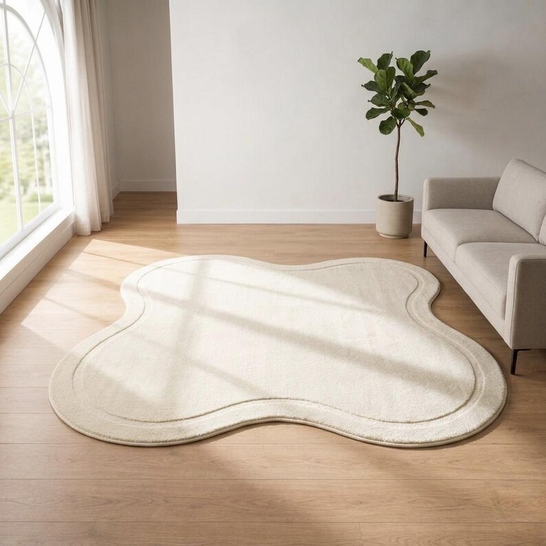 May include: An off-white area rug with a soft, irregular, cloud-like shape and a curved border detail. The rug features a plush, textured surface and is positioned on a light-toned wooden floor in a room with a sofa and a potted plant.