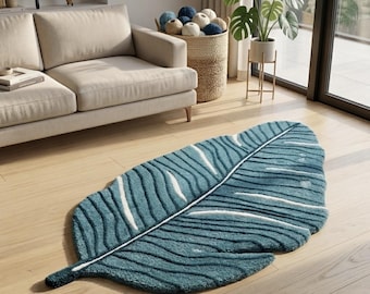 Teal Leaf Shaped Tufted Rug | Modern Botanical Area Rug | Handmade Tropical Accent Carpet | Living Room Bedroom Decor