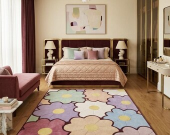 Pastel Flower Hand Tufted Wool Rug - Aesthetic Floral Area Rug for Bedroom -High Quality Thick Woolen Custom Rug -Modern Danish Pastel Decor