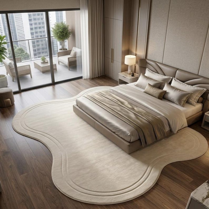 May include: A large, cream-colored area rug with an irregular, organic, cloud-like shape featuring subtle concentric line detailing. The rug is positioned on a dark wood floor beneath a bed with a beige upholstered headboard and neutral bedding.