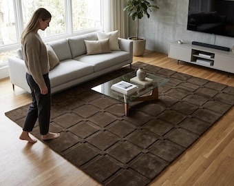Chocolate Brown Grid Tufted Rug, Plush Geometric Carpet, Modern Living Room Area Rug