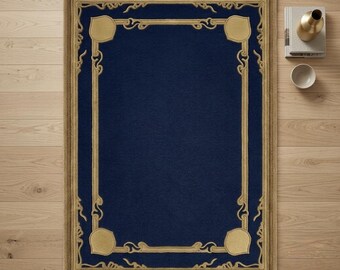Luxury Navy Blue & Gold Hand Tufted Wool Rug, Traditional Border Area Rug, Custom Handmade Wool Carpet, Elegant Living Room rug