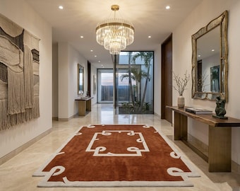 Modern Terracotta Area Rug, Abstract Geometric Wool Rug, Minimalist Burnt Orange Carpet for Living Room, Hand Tufted Luxury Rug.