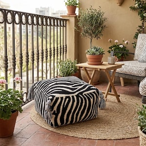Op de afbeelding: Een vierkante vloerpoef met een zwart-wit zebrastreeppatroon en decoratieve kwastjes op elke hoek. De poef staat op een rond geweven jute kleed op een balkon, bij een kleine houten bijzettafel en diverse planten in potten.