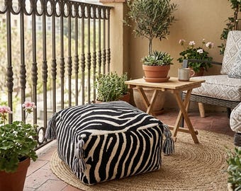 Luxury Zebra Print Floor Pouf Ottoman |Hand Tufted Wool Pouf |Black & White Moroccan Style Pouf | Modern Boho Footstool |Handmade Home Decor