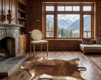 Faux Cowhide Rug, Premium Faux Fur Animal Shape Carpet, Modern Cabin Decor Area Rug, Luxury Soft Brown Cream Sheepskin Rug, Custom Size Rugs