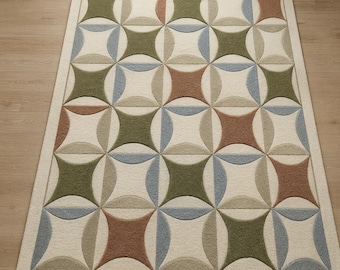 Mid Century Modern Geometric Wool Rug - Custom Size Large Area Rug for Living Room, Earth Tone Tufted Carpet, Aesthetic Bedroom Decor Area.