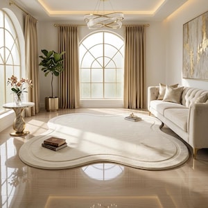 May include: A large, cream-colored area rug with an irregular, organic, cloud-like shape featuring a double-layered border design. The rug is placed on a polished, light-colored floor in a room with arched windows, beige curtains, and a sofa.