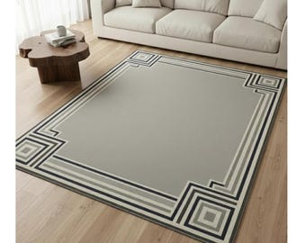 Modern Geometric Area Rug, Neutral Beige Minimalist Carpet, Contemporary Line Border Rug, Scandinavian Living Room Decor, Large Floor Rug