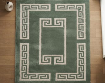 Modern Greek Key Green Area Rug, Hand Tufted Wool Carpet, Sage Green and Ivory Living Room Rug, Custom Size Rug, Pile Rugs Studio