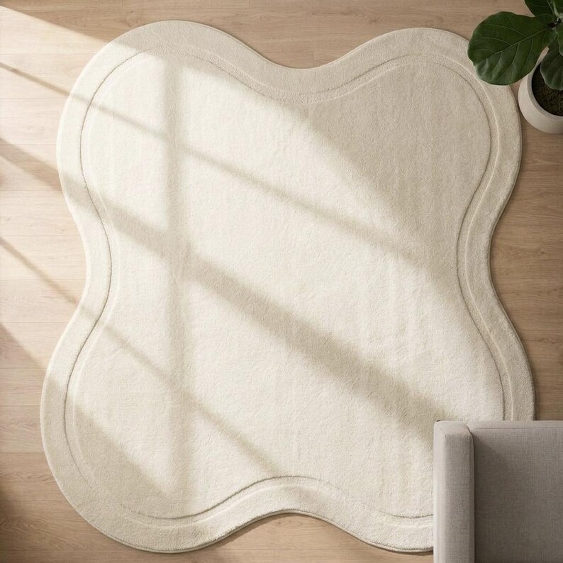 May include: A cream-colored area rug with a distinct four-lobed, clover-like shape. The rug features a smooth, solid-colored surface with a subtle, raised border detail that follows the curved perimeter of the piece, creating a clean, uniform look.