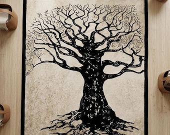 Black Tree of Life Rug, Handmade Wool Area Rug, Modern Nature Carpet, Scandinavian Minimalist Rug, Boho Living Room Rug, Custom Size Rug
